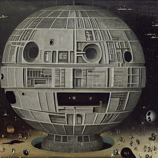 Image similar to the death star, by Hieronymus Bosch