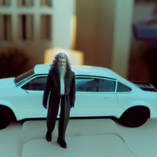 Prompt: beautiful hyperrealism three point perspective film still of Keanu Reeves as Gandalf the grey in car chase scene in Miami Vice(2006) extreme closeup portrait in style of 1990s frontiers in translucent porclein miniature street photography seinen manga fashion edition, miniature porcelain model, focus on face, eye contact, tilt shift style scene background, soft lighting, Kodak Portra 400, cinematic style, telephoto by Emmanuel Lubezki