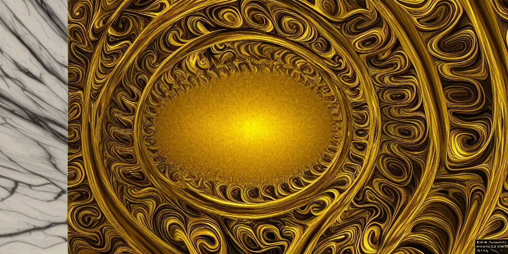 Prompt: marble withe, hall entrance 2 gold fractal collums on portal, photorealistic detailed macro