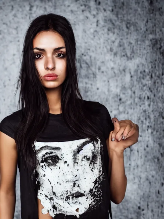 Prompt: hyperdetailed photo of a beautiful italian girl, brown eyes, dark hair, black makeup, skin, winds of winter, with ripped crop t - shirt with a logo, fine - face, pretty face