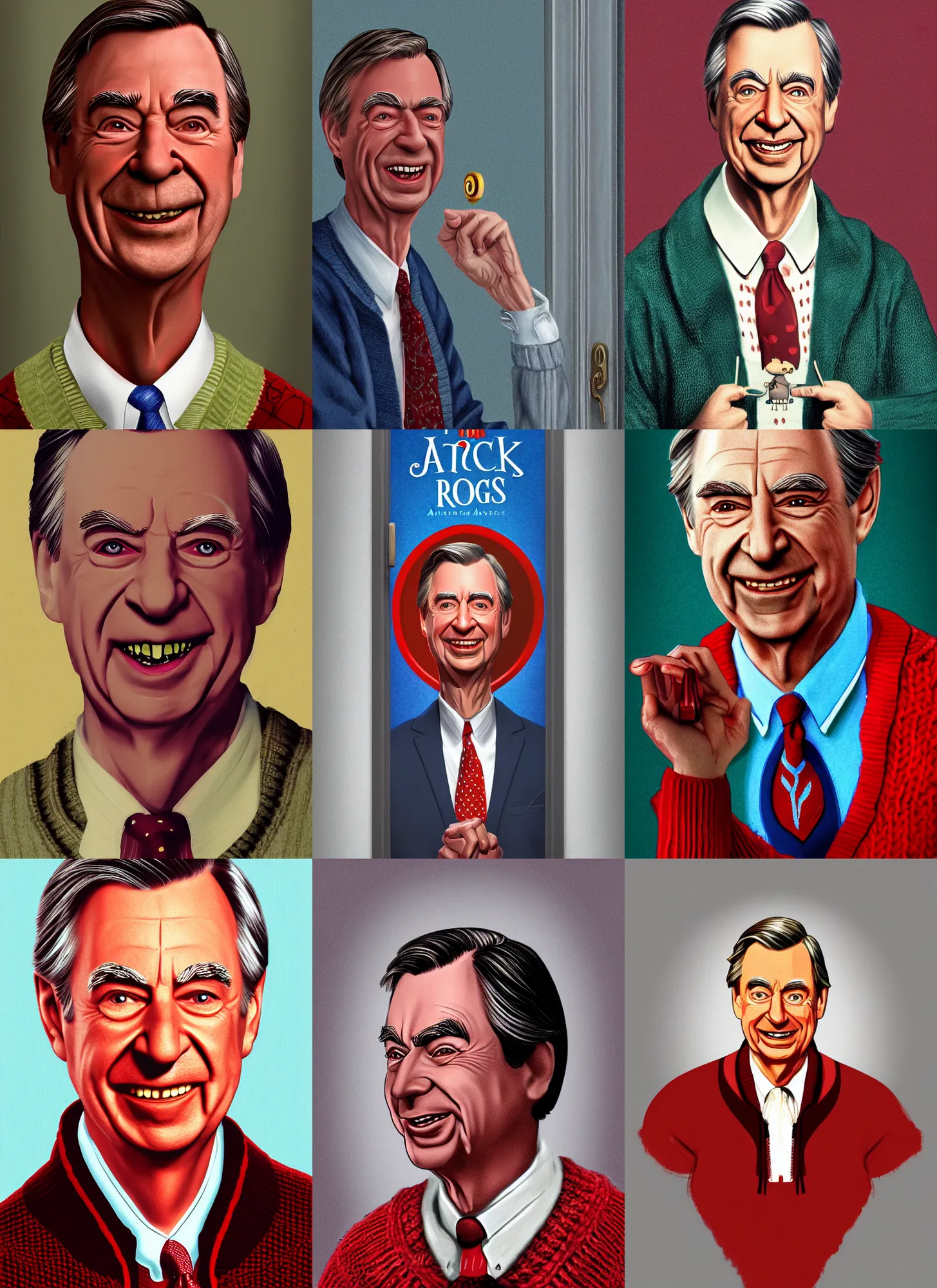 Prompt: character portrait of Mr Rogers playing Jack from The Shining, digital art, trending on artstation, 4k