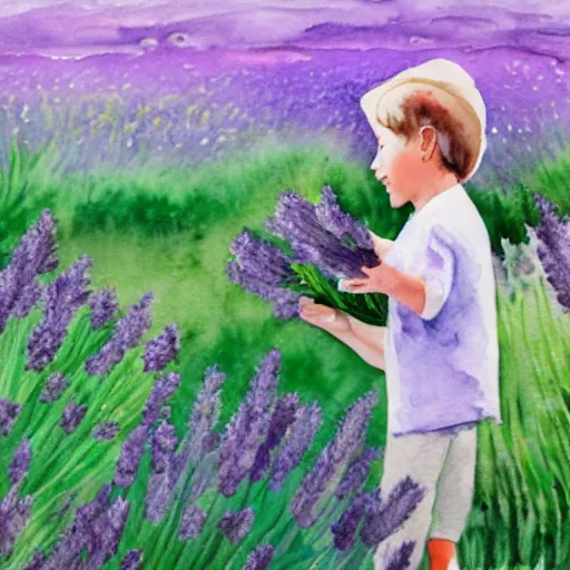 Image similar to a young boy walking in a field of lavender, talking on the phone and smiling, watercolour painting, french style,