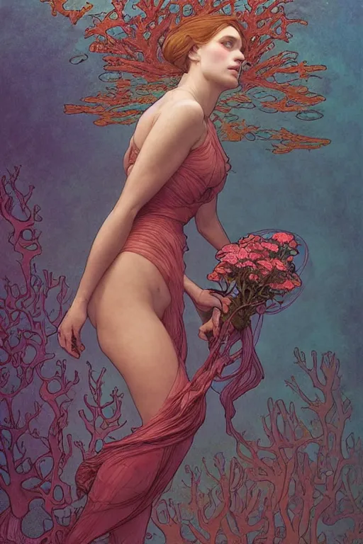 Prompt: portrait of a beautiful mysterious woman underwater, hidden hands holding a bouquet of flowers, corals and fish, by eve ventrue, michael carson, andreas rochas, john watkiss, casey weldon, artgerm. art nouveau. tarot card by mucha. gloomhaven. swirly intricate linework background. gaudy colors, sharp edges. octane render