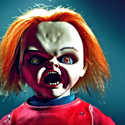 Image similar to Chucky the killer doll from the movie Child's Play scary movie still 8k hdr creepy lighting