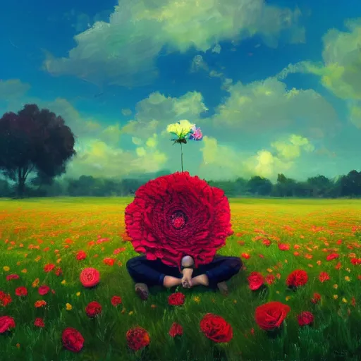 Prompt: giant rose flower head, full body girl sitting in a flower field, surreal photography, sunrise, dramatic light, impressionist painting, colorful clouds, digital painting, artstation, simon stalenhag