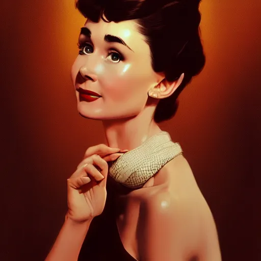 Image similar to Audrey Hepburn of NGE dark fantasy, medium shot, intricate, elegant, highly detailed, digital painting, volumetric light, artstation, concept art, smooth, sharp focus, illustration, art by Gil Elvgren and Greg Rutkowski and Alphonse Mucha, 8K