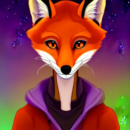 Prompt: don bluth, artgerm, artstation, clockpunk anthropomorphic fox girl, purple vest, smiling, symmetrical eyes symmetrical face, bright colorful forest background