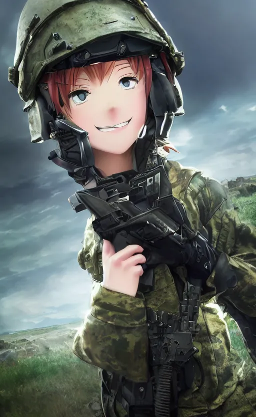 Image similar to smiling girl, trading card front, future soldier clothing, future combat gear, realistic anatomy, concept art, professional, by ufotable anime studio, green screen, volumetric lights, stunning, military camp in the background, metal hard surfaces, focus on generate the face, left eye is closed, tanny skin