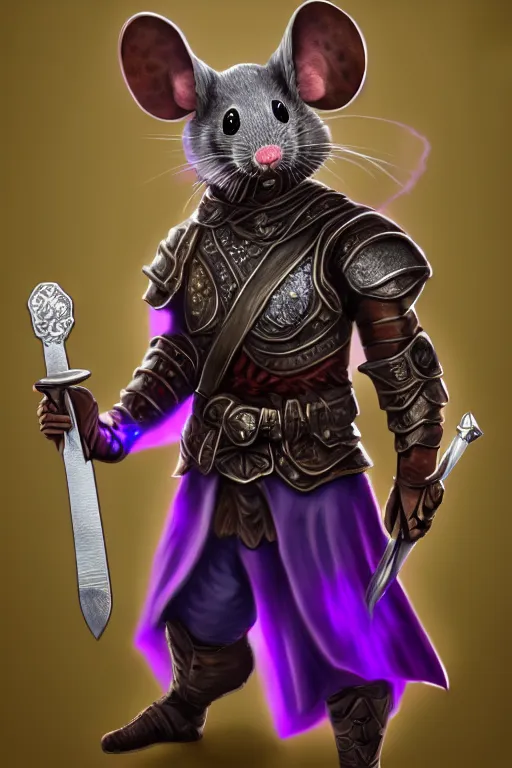 Image similar to armored mouse warrior holding a sword in one hand and reaching for a floating purple crystal with the other, trending on Artstation, RPG Portrait, 8k, UHD