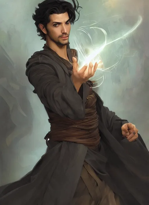 Image similar to character concept portrait of an attractive young Spanish wizard with tan skin conjuring a wind spell, a floating iridescent spell book in the center, intricate, elegant, digital painting, concept art, smooth, sharp focus, illustration, from Metal Gear, by Ruan Jia and Mandy Jurgens and William-Adolphe Bouguereau, Artgerm