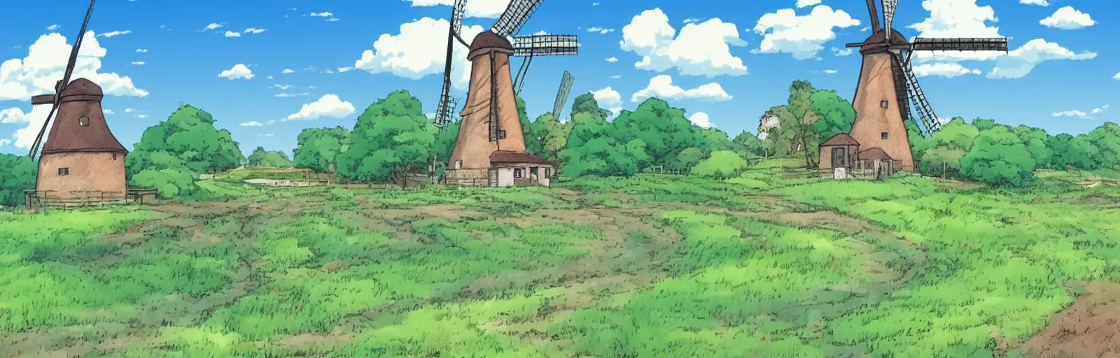 Image similar to beautiful countryside background with a windmill by studio ghibli, cute, winter