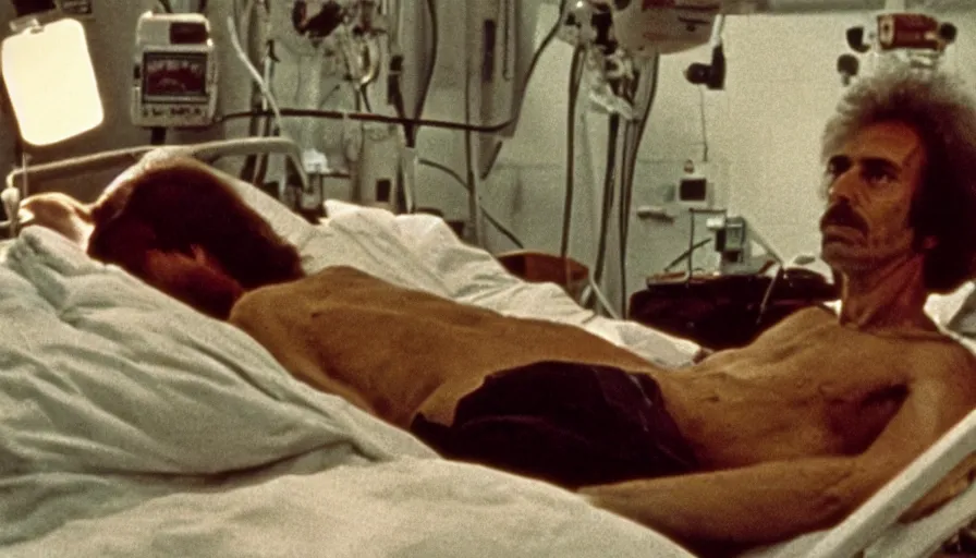 Image similar to 70s movie still of a ill skinny man in hospital, eastmancolor, heavy grain, high quality, higly detailed, liminal space