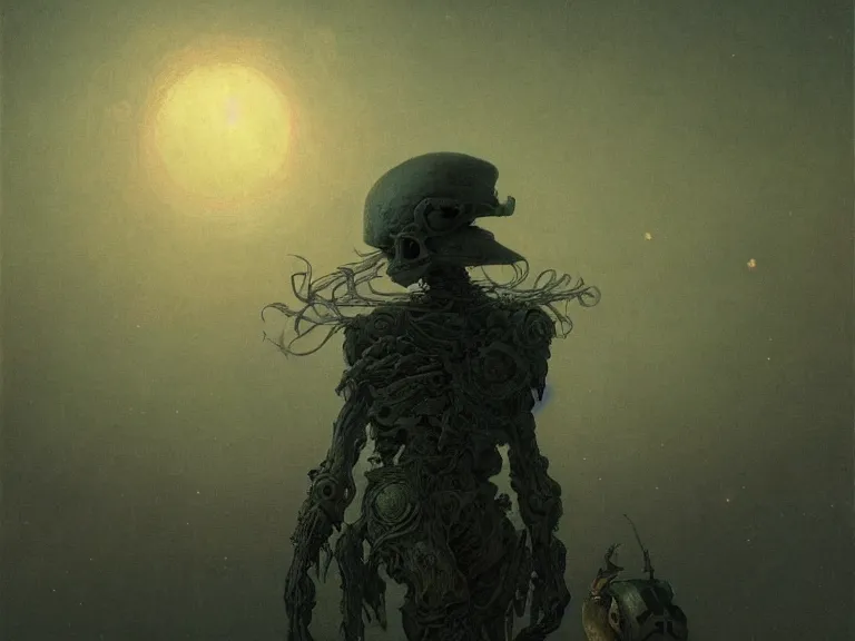 Image similar to a detailed profile illustration of skelleton, bounty hunter portrait symmetrica, aurora lighting clouds and stars by beksinski carl spitzweg and tuomas korpi. baroque elements. baroque element. intricate artwork by moebius. Trending on artstation. 8k