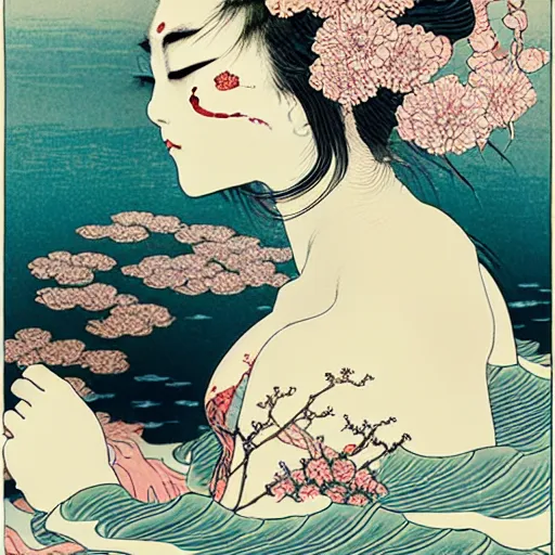 Image similar to prompt: beautiful girl in lake with light up face painted in Hokusai style drawn by Vania Zouravliov and Takato Yamamoto, nymph in the water, small flowers around and on the side, intricate oil painting, high detail, Neo-expressionism, post-modern gouache marks on the side, gnarly details soft light, white background, intricate detail, intricate ink painting detail, sharp high detail, manga and anime 2000