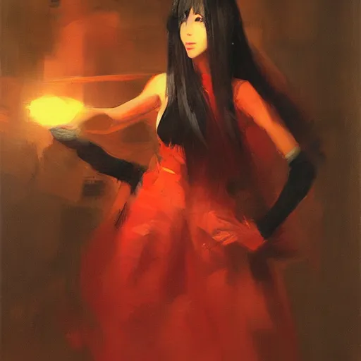 Prompt: greg manchess painting of an anime woman, direct flash photography at night, ruan jia