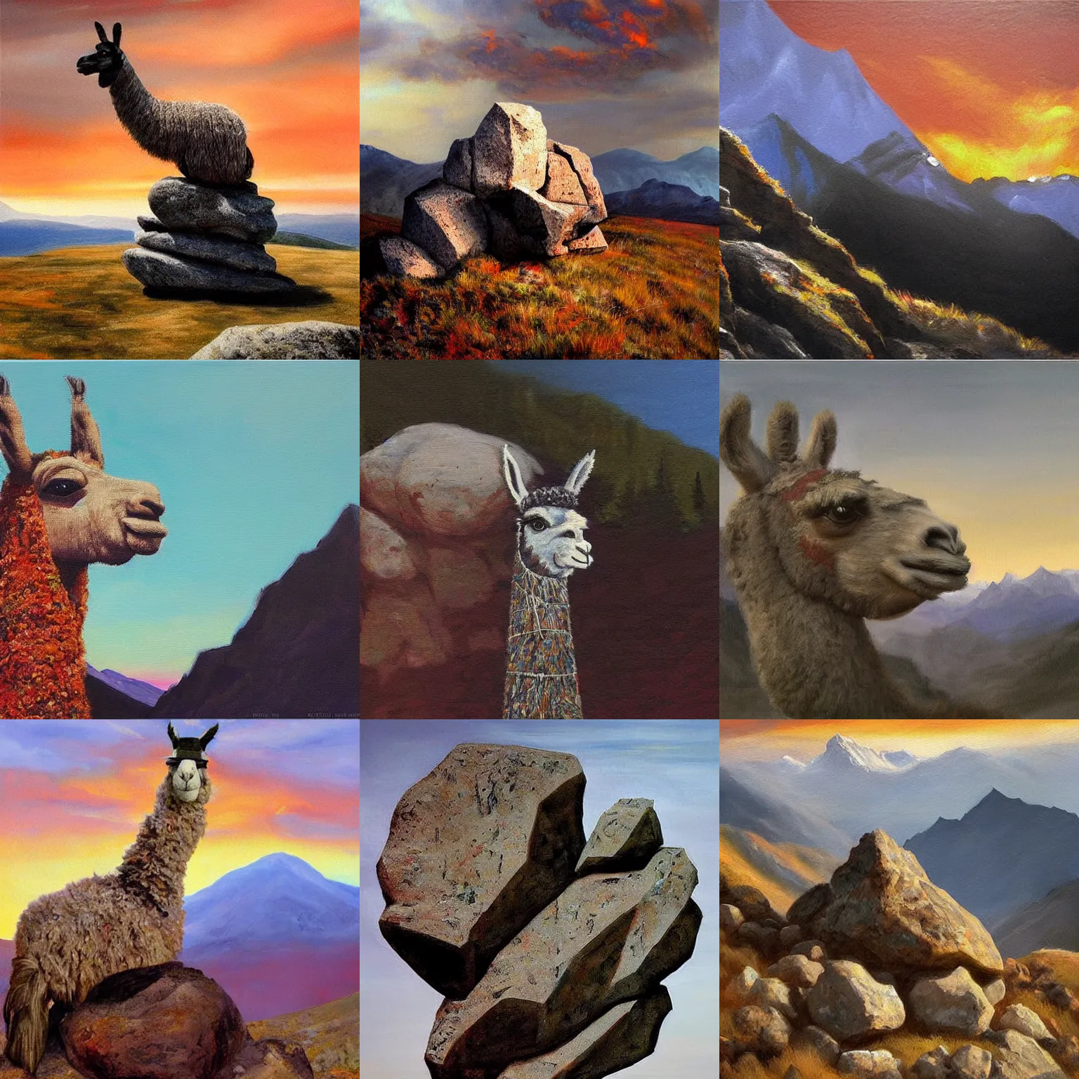 Prompt: a llama head made of mountain and rocks during sunset. Concept art. Beautiful painting. Gerhart Richter.