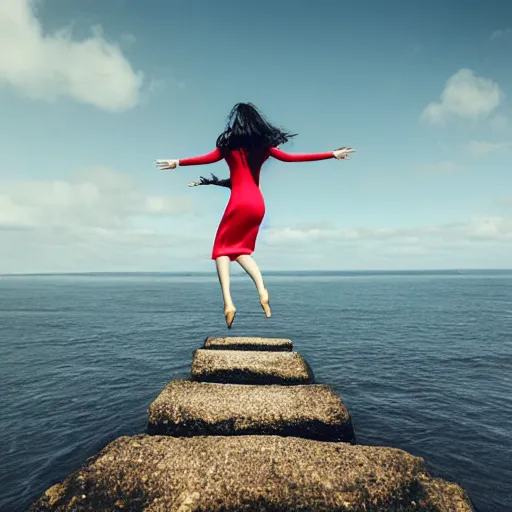 Prompt: woman stepping off a cliff onto a stepping stone in mid-air, photorealistic, 4k by Elsa Bleda