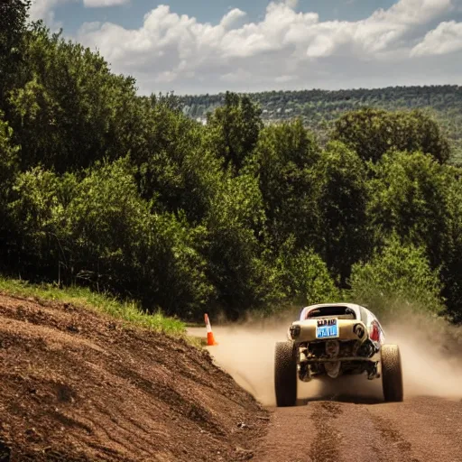 Prompt: rear view of a classic off road race car jumping over a hill