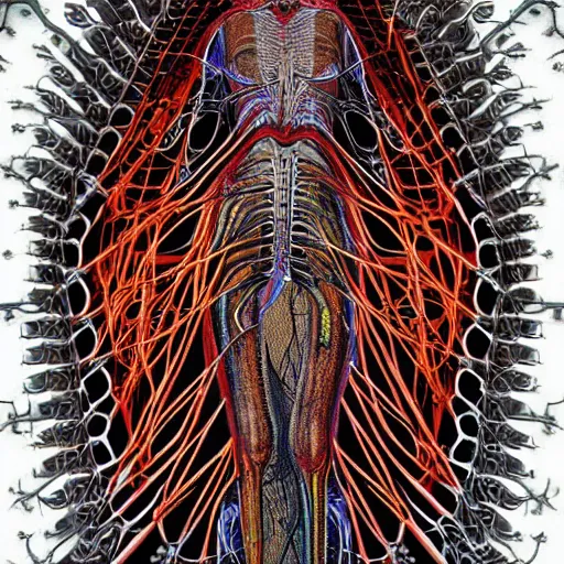 Prompt: long shot human robot made out of bones blood nerves cortex anatomical render in the style of alex grey hr giger grays anatomy, with an ornate fractal field background featuring psychedelic eyes