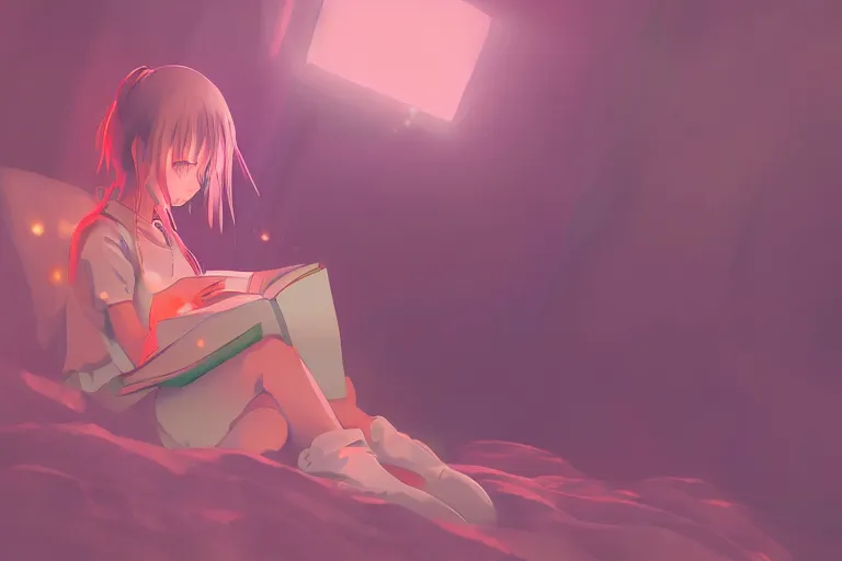 Prompt: a cute anime girl reading a book on a cloud relaxing, misty, glows, digital art, hazy, foggy, ambient lighting, 8 k, neon, synthwave,