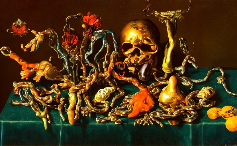 Image similar to disturbing colorful oil painting dark background dutch golden age vanitas still life weird flowers beautiful composition with bizarre objects strange gooey transparent surfaces shiny metal reflections bizarre mutant meat insects rachel ruysch dali todd schorr very detailed perfect composition rule of thirds masterpiece canon 5 0 mm, cinematic lighting, photography, retro, film, kodachrome