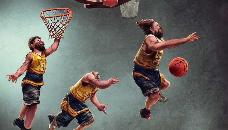Prompt: a dwarf is dunking a basketball, digital art, highly detailed, realistic, bright colors, 8 k