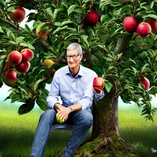 Prompt: tim cook eating an apple below an apple tree, cinematic digital art