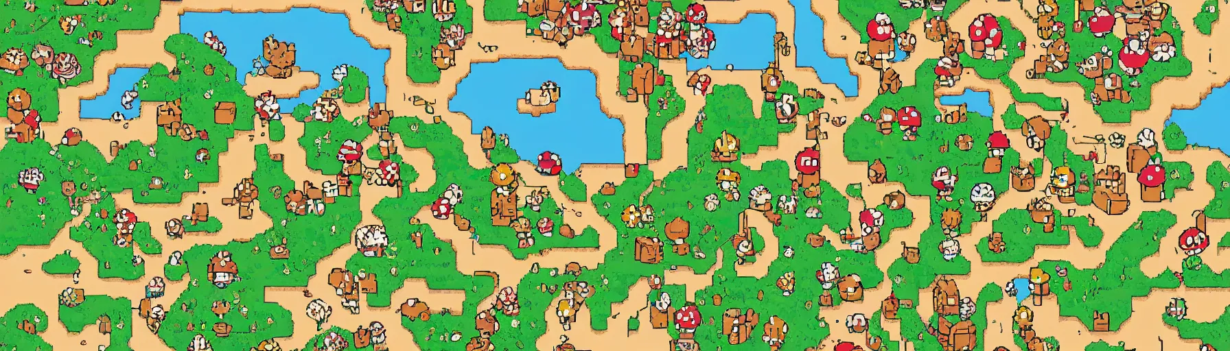 Prompt: vertical panorama of the super mario world map in the style of studio ghibli