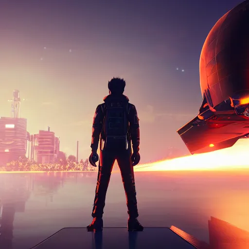 Prompt: cinematic still of a male athetic japanese standing next to a spaceship, dramatic clouds, city in the distant on fire, unreal engine 5 digital art
