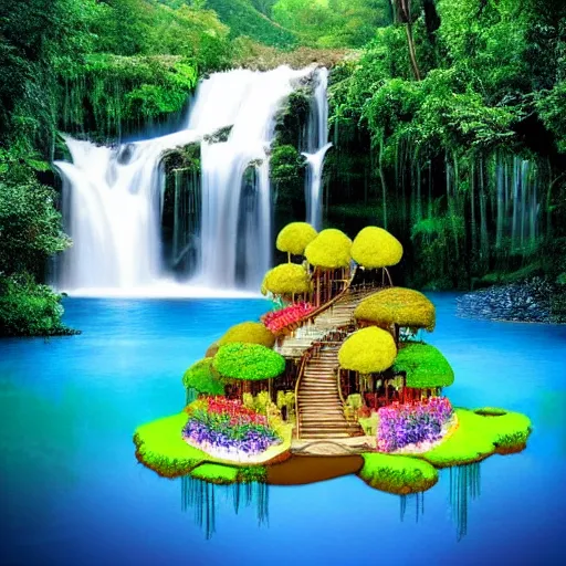 Prompt: floating islands and floating waterfalls butterflies paradise