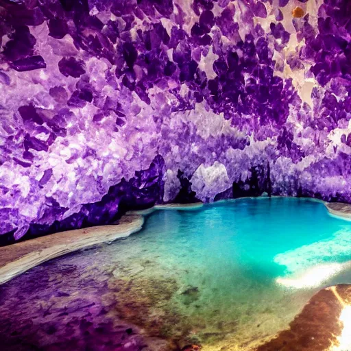 Prompt: photo inside an amethyst cave with a hot spring and coral reef