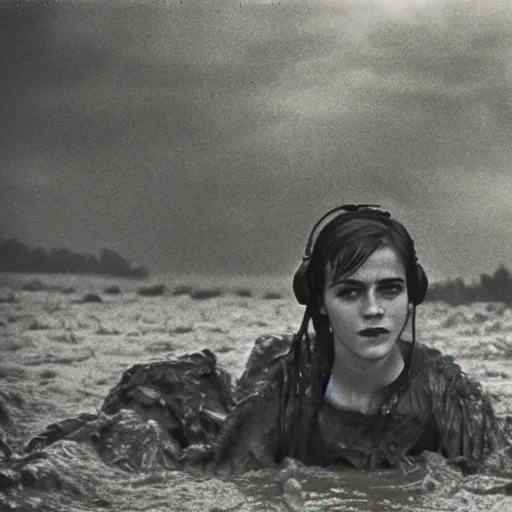 Image similar to film still, close up, emma watson rising out of muddy vietnam river, face covered in mud, combat helmet, low camera angle at water level, night time, film still from apocalypse now ( 1 9 7 9 ), 2 6 mm polaroid polaroid polaroid polaroid polaroid expired expired expired,