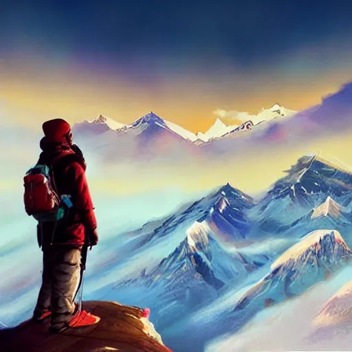 Prompt: emad mostaque on mount everest drawing on a canva the sight in front of him, beautiful scenary, glowing vibrant colors, some clouds in the sky, by greg rutkowski, trending on artstation