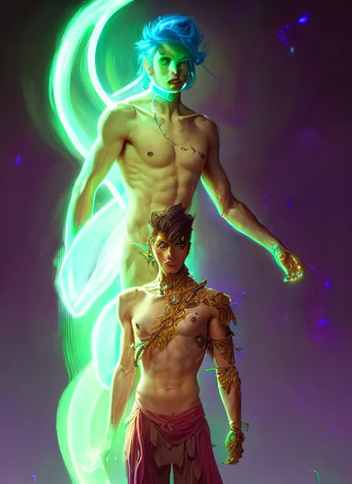 Prompt: a male humanoid phantom adventurer, glowing neon skin, magical aura, dnd fantasy character, full body portrait, ultra realistic, intricate, elegant, highly detailed, digital painting, artstation, smooth, sharp, focus, illustration, art by artgerm and greg rutkowski and alphonse mucha