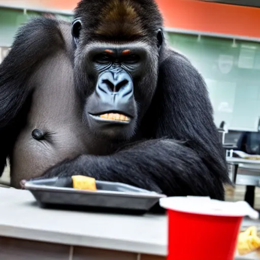 Image similar to high quality photo of a big gorilla working at a fast food restaurant