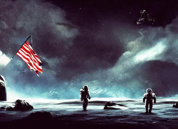 Image similar to astronaut holding a flag in an underwater desert. a submarine is visible in the distance. dark, concept art, cinematic, dramatic, atmospheric, 8 k, trending on artstation, blue, fish, low visibility, fog, ocean floor, christopher nolan, interstellar