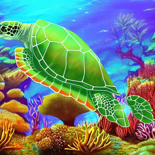 Image similar to a beautiful stunning fantasy whimsical matte digital illustration of a light-green sea turtle swimming over an red-orange coral reef through blue-violet waters, triadic color palette, painted in the style of National Geographic, trending on artstation hq