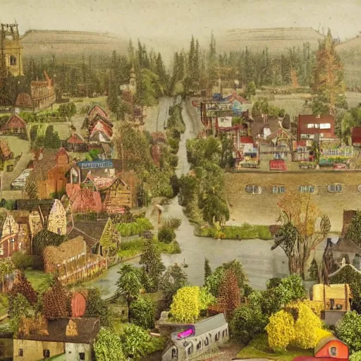 Prompt: Photograph of a victorian town surrounded by woodland. Realistic, colourful, detailed.