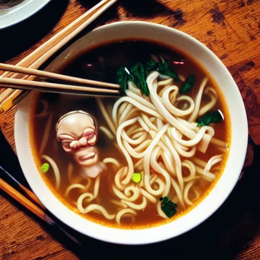 Image similar to Extremely hot, steaming bowl of noodle soup with a screaming human face. Anthropomorphic. Extremely detailed. Award winning. Intense. Demonic.