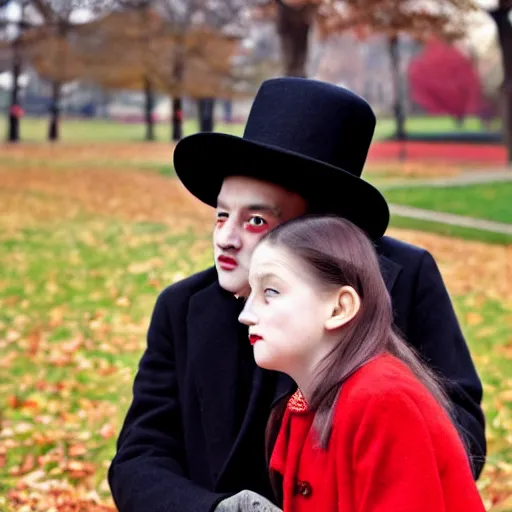 Image similar to a thin man in a black coat and bowler hat talks with small young girl who is dressed in a red coat and a red hat, park, autumn, 1923, wide angle, high detail, in style of Pierre-Auguste Renoir, 8k, width 768