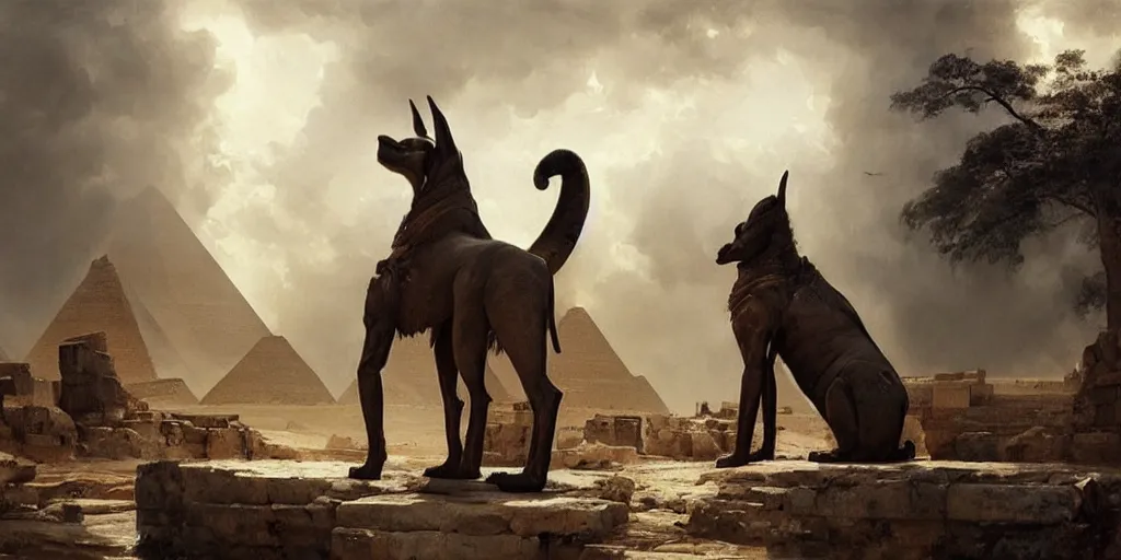 Image similar to beautiful landscape oil matte painting, of ancient egyptian giant satue of anubis, art by anders zorn, wonderful masterpiece by greg rutkowski, beautiful cinematic light, american romanticism, by thomas lawrence, greg rutkowski