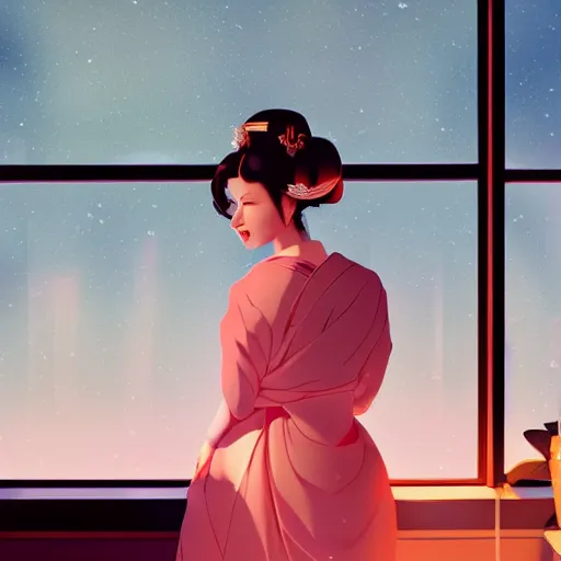 Image similar to a geisha looking longingly out the window hoping to catch a glimpse of her beloved before the storm sets in, ambient lighting, 4 k, lois van baarle, ilya kuvshinov, rossdraws