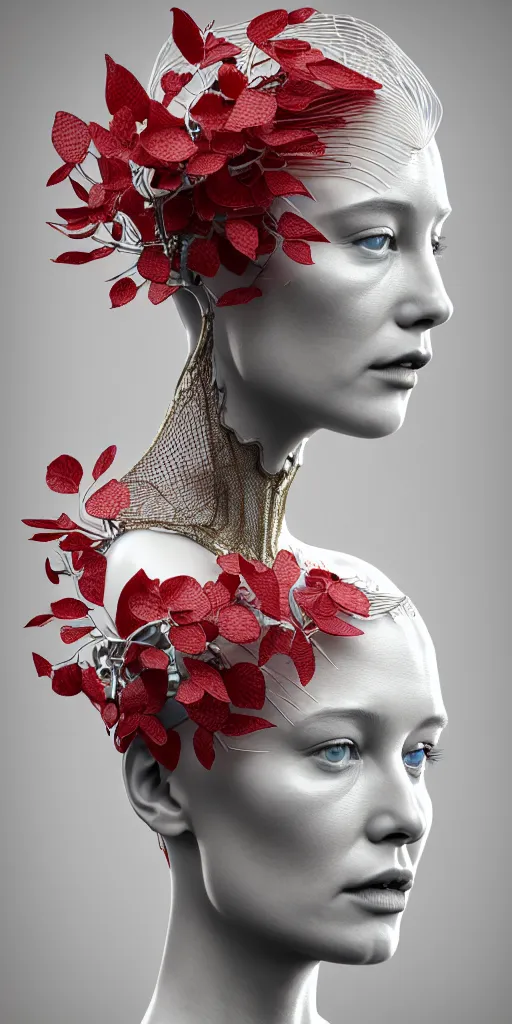 Image similar to complex 3d render ultra detailed of one single beautiful porcelain profile woman face, mechanical cyborg, 150 mm, accent lighting, beautiful studio soft light, rim light, silver gold red details, luxurious, magnolia big filigran ultra detailed leaves and stems, roots, Alexander Mcqueen haute couture, fine foliage lace, mesh wire, beautiful background, filigran intricate details, hyperrealistic, mandelbrot fractal, anatomical, silver metal armor, facial muscles, cable wires, microchip, elegant, white background, beautiful white teeth, beautiful lips, octane render, H.R. Giger style, 8k