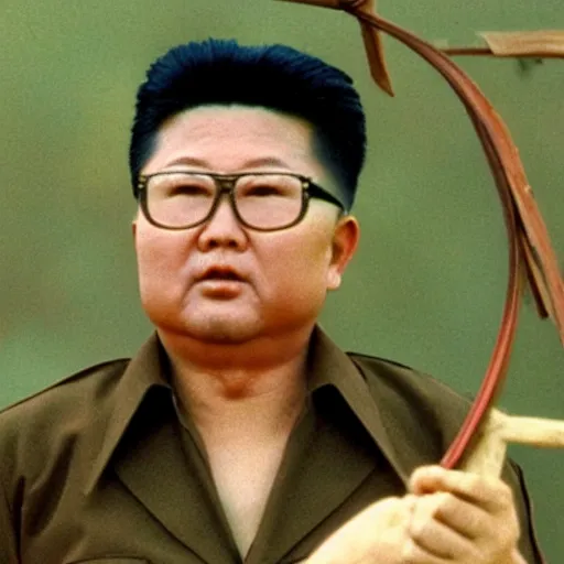 Image similar to filmstill of Kim Jong-il wearing a head bandana and aiming a bow in the role of Rambo, cinemascope, Eastman Color Negative 50T 5251 Neg. Film