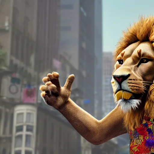 Image similar to anthropomorphic scene of lion at a street protest, exquisite detail lion in hippie clothes, Streetwear, hippie fashion, protest movement, trending on artstation, incredible detail, Graeme Base, 8k detail, gi, global illumination, physically based rendering, photoreal, small details, intricate complexity