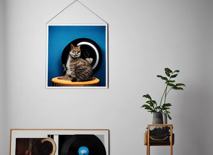 Image similar to photography of a Cat sitting on a record player. in a room full of posters, photorealistic, raining award winning photo, 100mm, sharp, high res