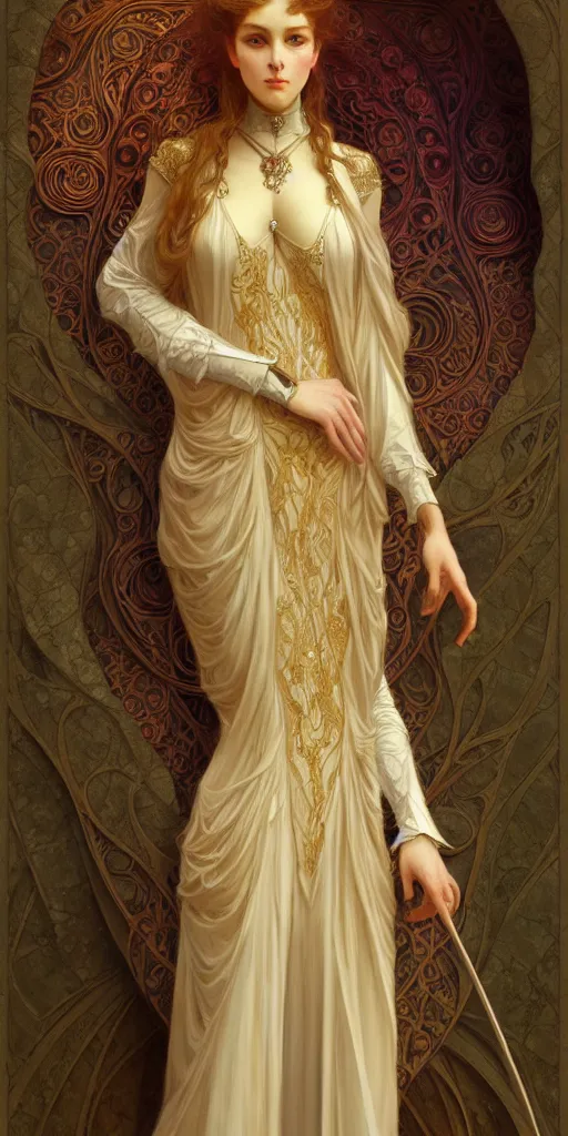 Image similar to character portrait of a modest woman, tall, feminine, powerful, modestly clothed, voluminous, intricate, elegant, highly detailed, digital painting, artstation, smooth, symmetrical, sharp focus, illustration, art by gaston bussiere and alphone mucha