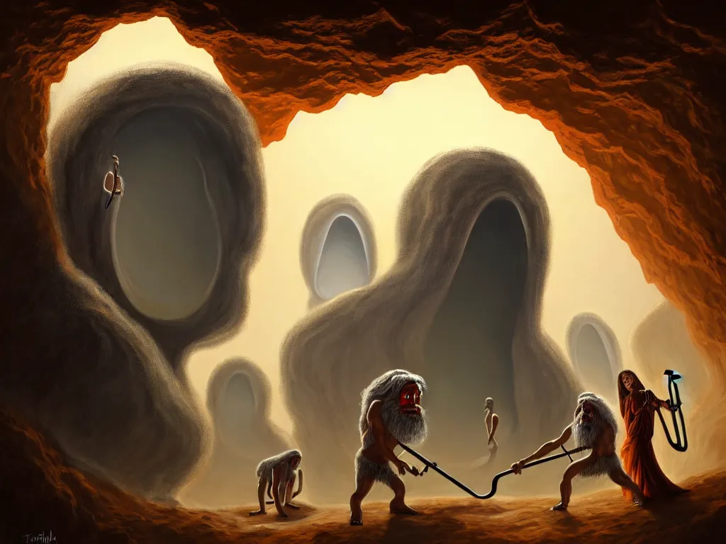 Image similar to a painting of a human of a big mouth turns into a cave with strange bearded beings with scythes, 4 k, art by miguel alandia pantoja