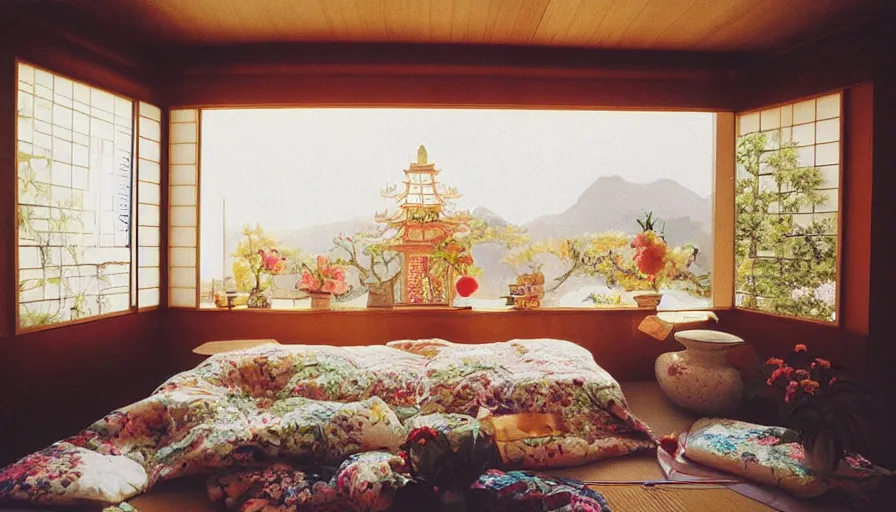 Image similar to 1 9 9 0 s candid 3 5 mm photo of a beautiful day in the a dreamy japanese flowery cottage designed by gucci, cinematic lighting, cinematic look, golden hour, a desk for flower arrangements and journaling has sun shinning on it through a window, temple in the distance, photographed by petra collins, uhd