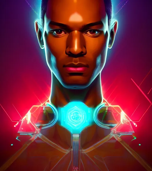 Image similar to symmetry!! egyptian prince of technology, solid cube of light, hard edges, product render retro - futuristic poster scifi, lasers and neon circuits, brown skin man egyptian prince, intricate, elegant, highly detailed, digital painting, artstation, concept art, smooth, sharp focus, illustration, dreamlike, art by artgerm